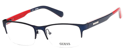 Guess GU 1859 091 Geometric Metal Blue Eyeglasses with Logo Stamped Demo Lenses