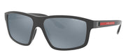 Prada Linea Rossa PS 02XS UFK07H Rectangular Plastic Grey Rubber Sunglasses with Dark Grey Mirror Silver Polarized Lens