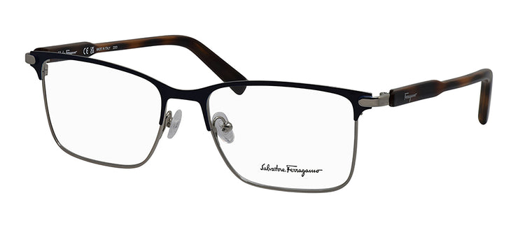 Salvatore Ferragamo SF 2179 021 Rectangle Metal Shiny Light Ruthenium/Blue Eyeglasses with Logo Stamped Demo Lenses