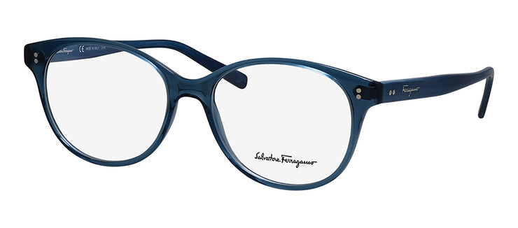 Salvatore Ferragamo SF 2911 431 Round Plastic Trasparent Azure, Blue Marble Eyeglasses with Logo Stamped Demo Lenses