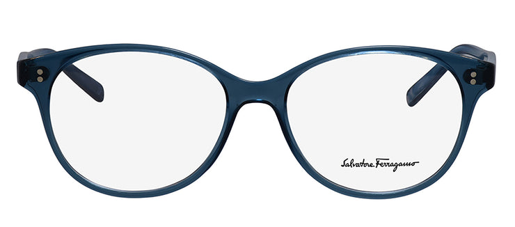 Salvatore Ferragamo SF 2911 431 Round Plastic Trasparent Azure, Blue Marble Eyeglasses with Logo Stamped Demo Lenses
