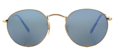 Ray-Ban RB 3447N 001/9O Round Metal Gold Sunglasses with Light Blue Flat Flash Lens